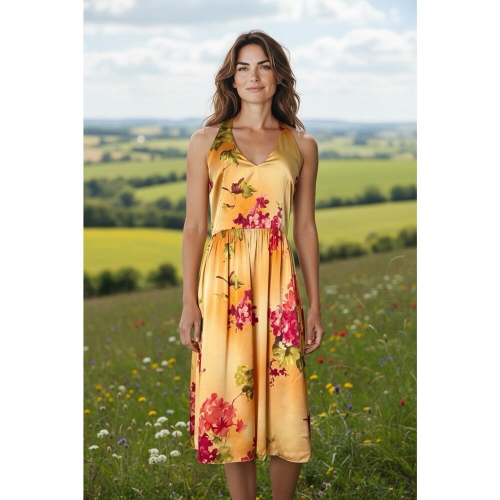 Vintage David Meister Sz 10 Yellow Halter 100% Silk Satin Floral Midi Dress
